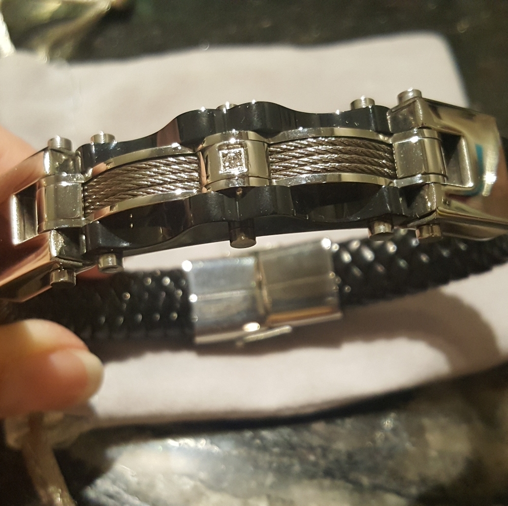 CZ Stainless Steel Cable Wire Leather Bracelet